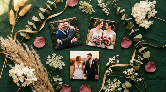 inclusive lgbtq wedding favor photo magnets flat lay botanical styling forest green linen eucalyptus dried flowers stamped with love